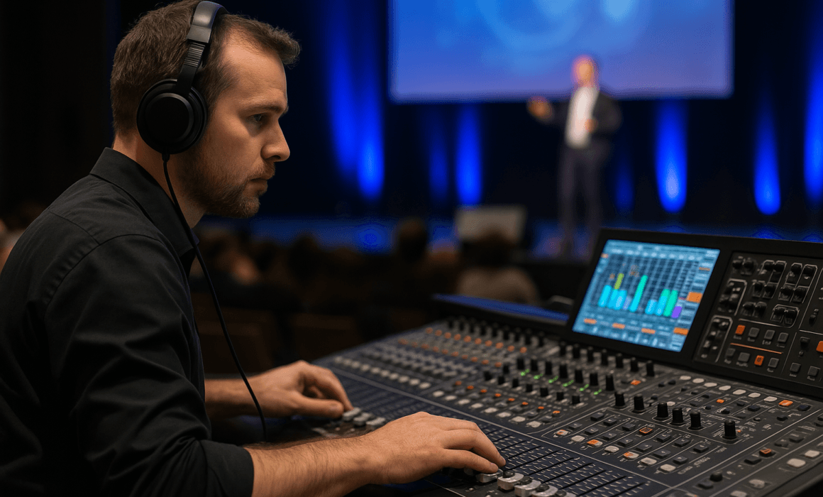 male sound engineer works on av rental equipment at live event